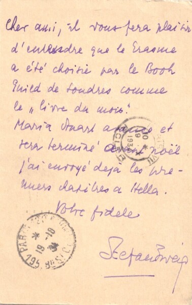 Stefan ZWEIG - Carte lettre autographe - 1934