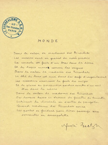 "Monde"- Manuscrit autographe d'André Breton