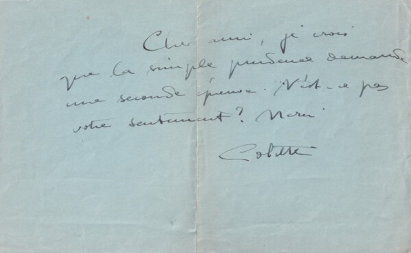 Colette. Billet autographe signé