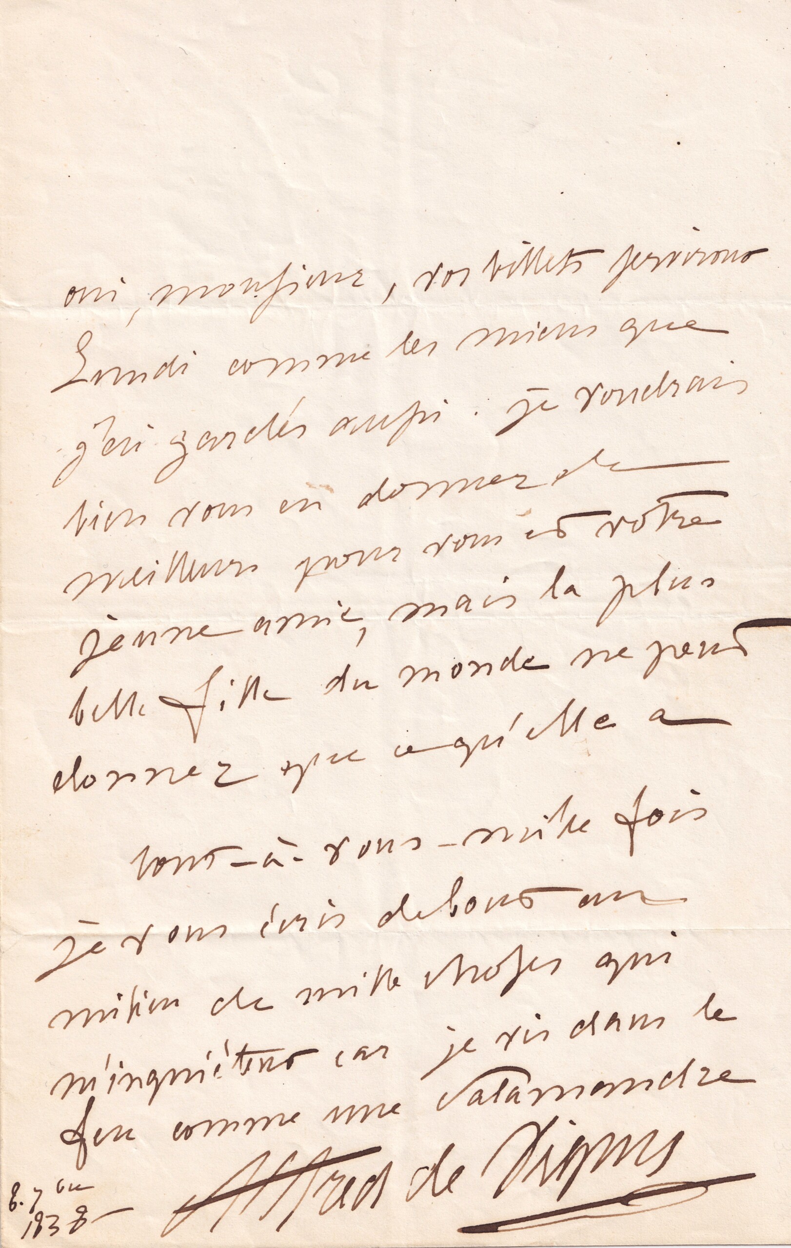 Alfred de Vigny - Lettre autographe signée - 1838