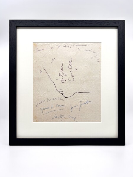 Jean Cocteau - Dessin original signé enrichi des signatures autographes de Jean Genet, Jean Marais, Yvonne de Bray et Gaston Criel.