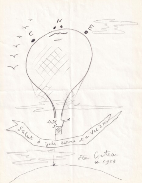 Jean Cocteau. Dessin original. "Salut à Jules Verne". 1953