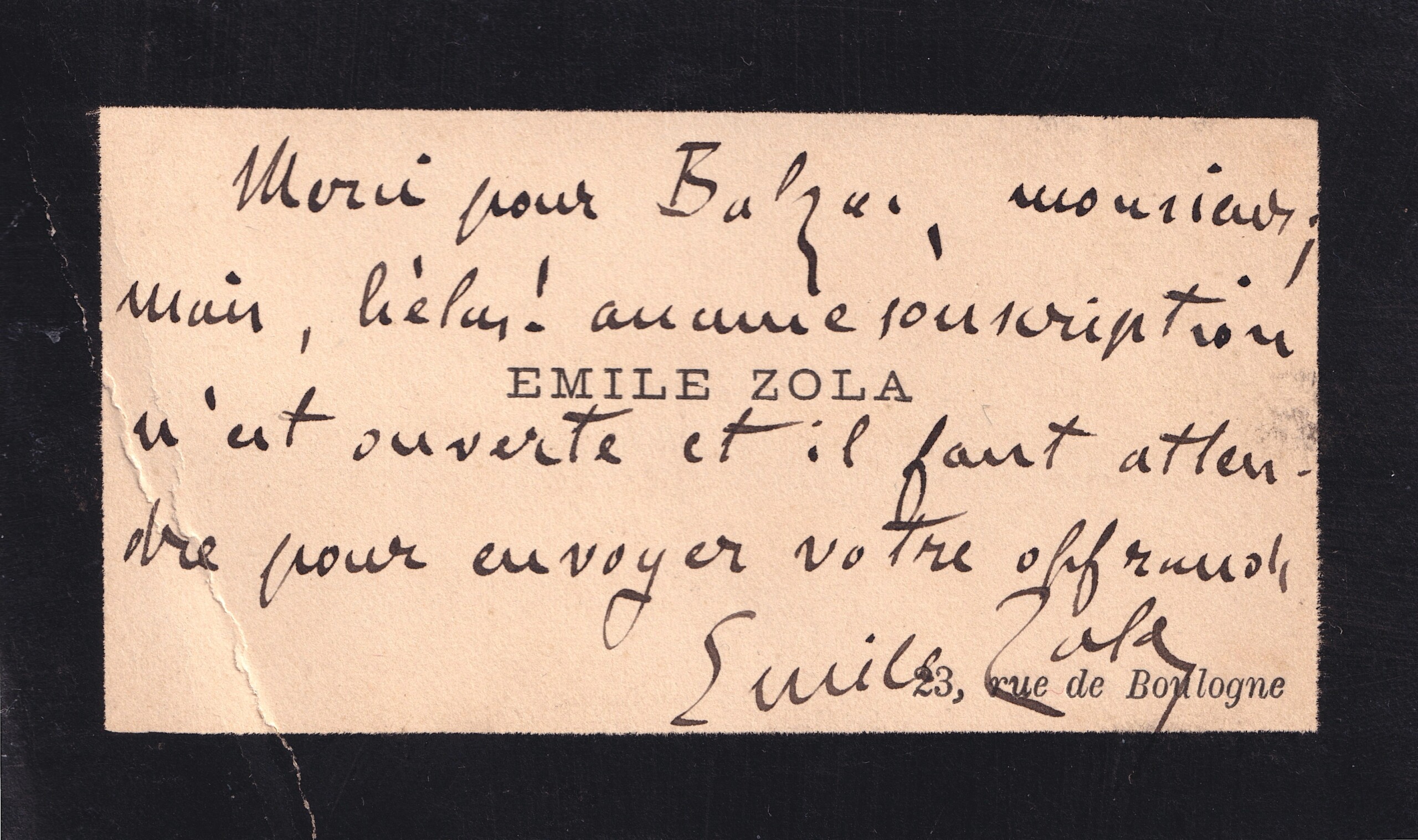 Émile Zola- Carte de visite autographe signée - 1880-1881