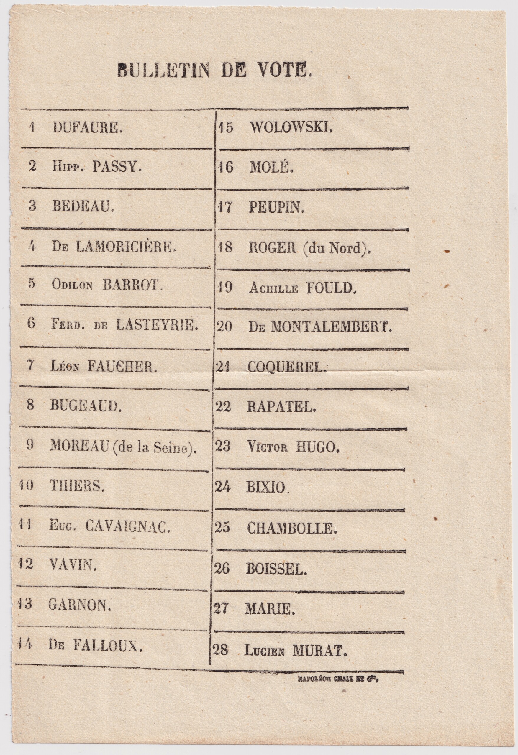 Votez Victor Hugo ! - Grand bulletin de vote 1849