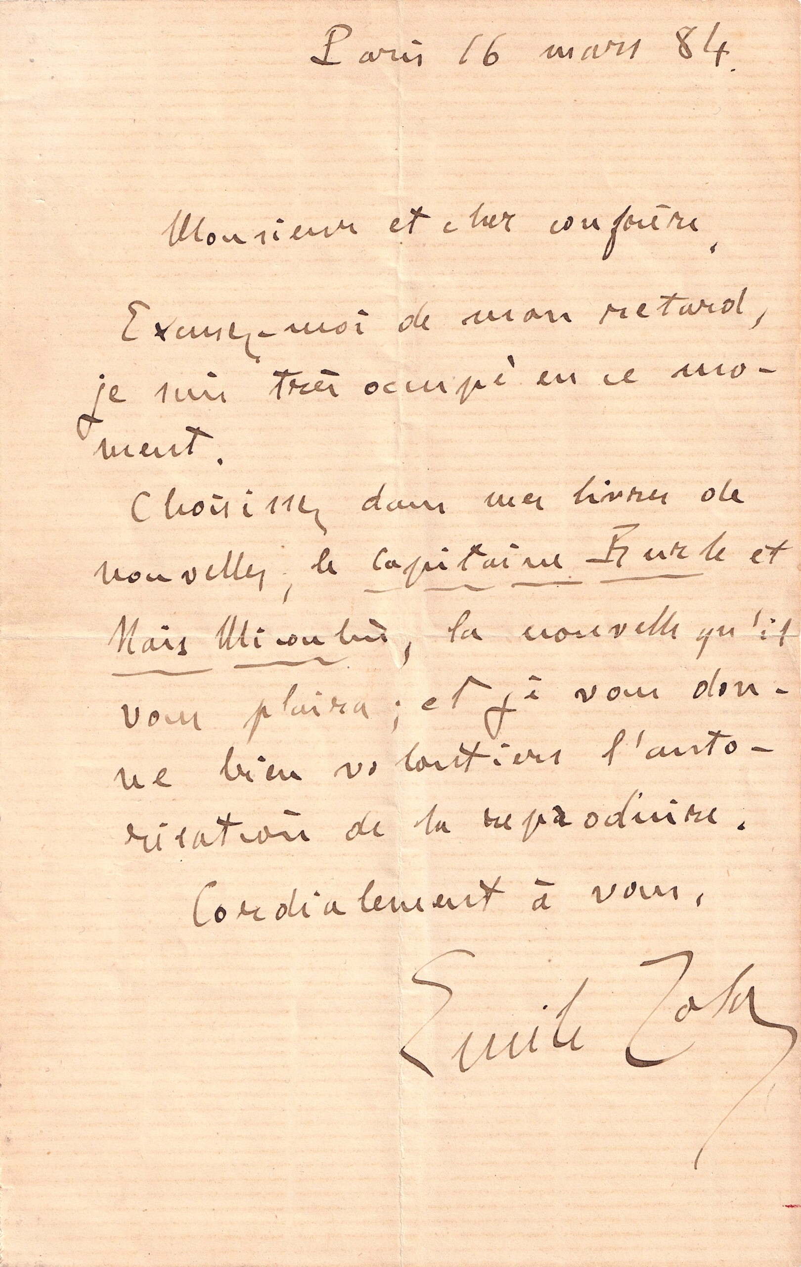 Émile Zola - Lettre autographe signée