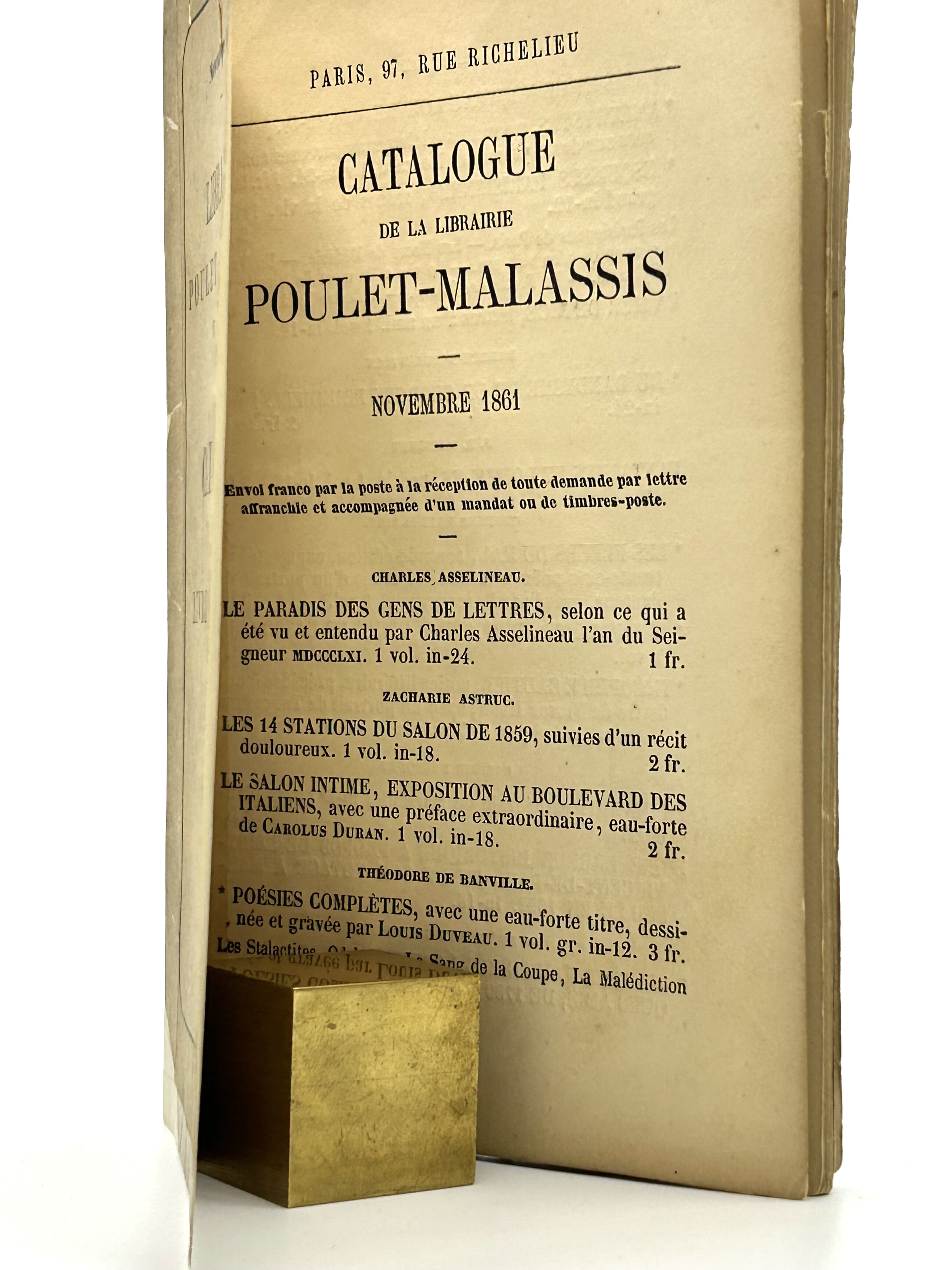Catalogue des livres de fonds de la "librairie" Poulet-Malassis, 97 rue Richelieu, Novembre 1861.