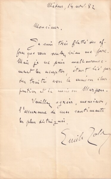 Émile Zola - Lettre autographe signéee - 1882