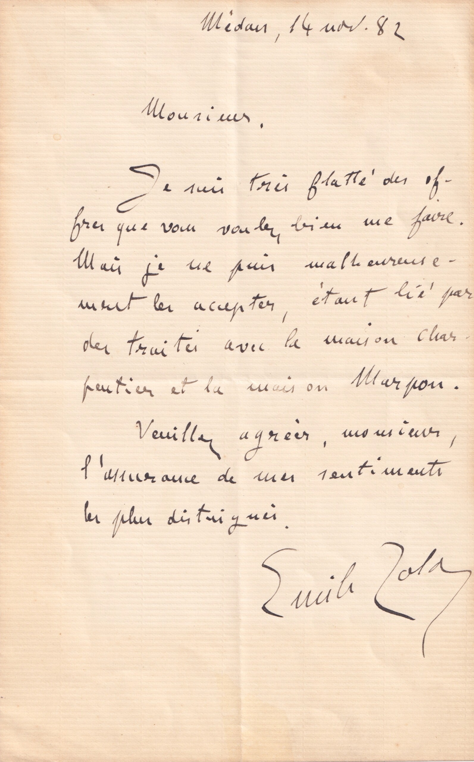 Émile Zola - Lettre autographe signéee - 1882