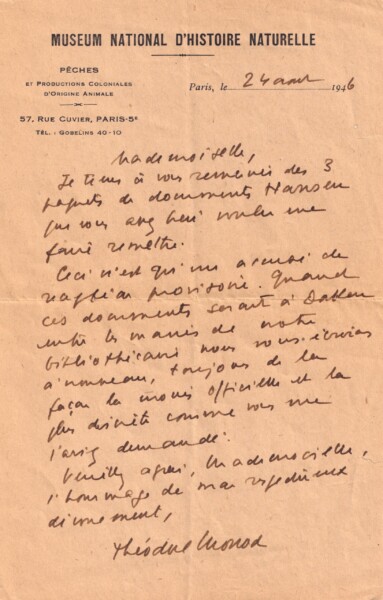 Théodore Monod - Lettre autographe signée