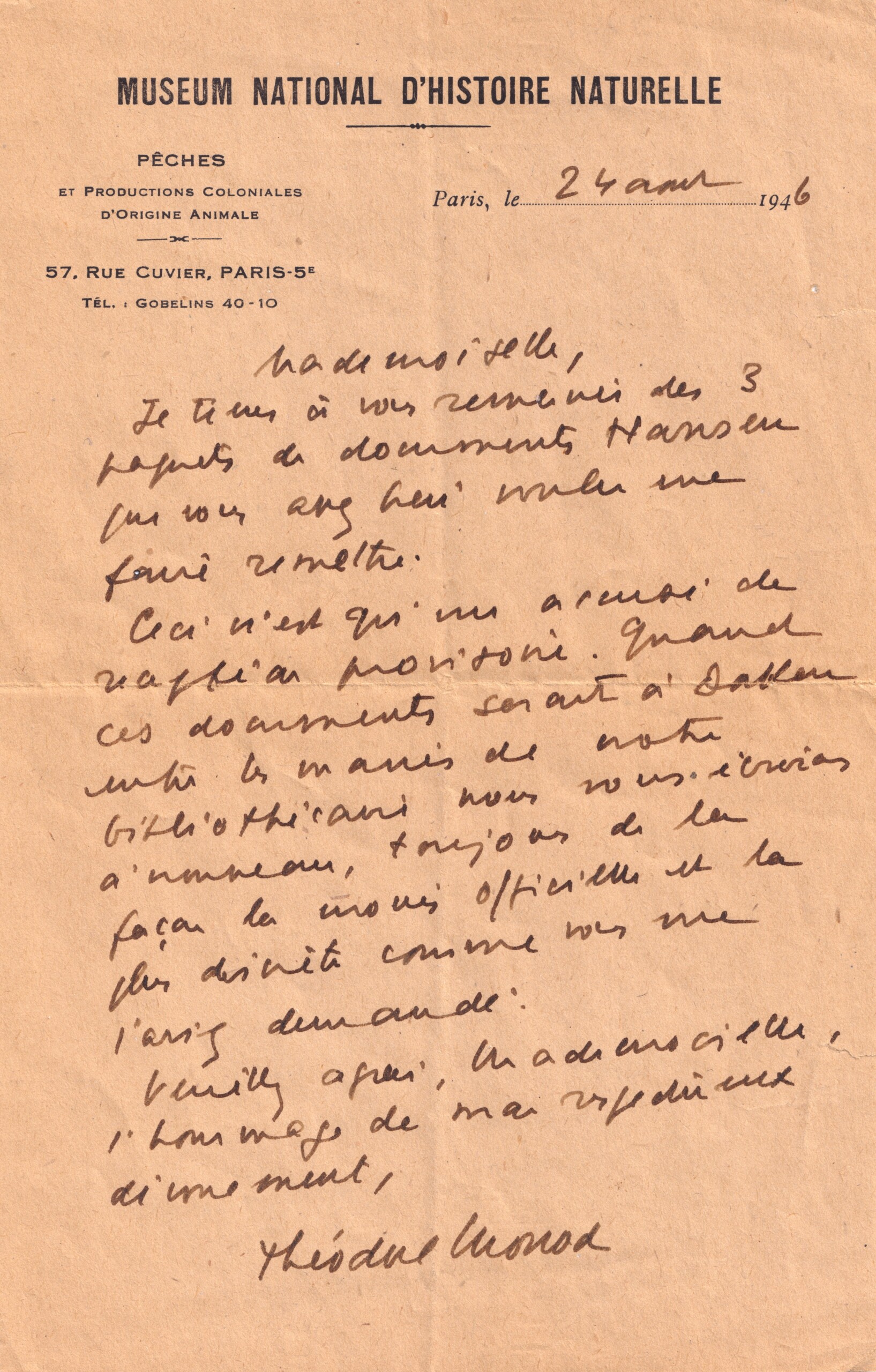 Théodore Monod - Lettre autographe signée