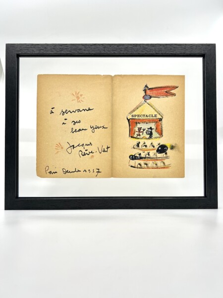 Jacques Prévert - Dessin original signé aux crayons gras de couleurs. 1957