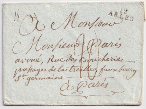 Enveloppe autographe orpheline du marquis de Sade (D. A. F. de Sade, Donatien Alphonse François de Sade. 1740-1814) à son avoué, Monsieur Paris (Jean Simon Paris de Lamaury 1759-1827).