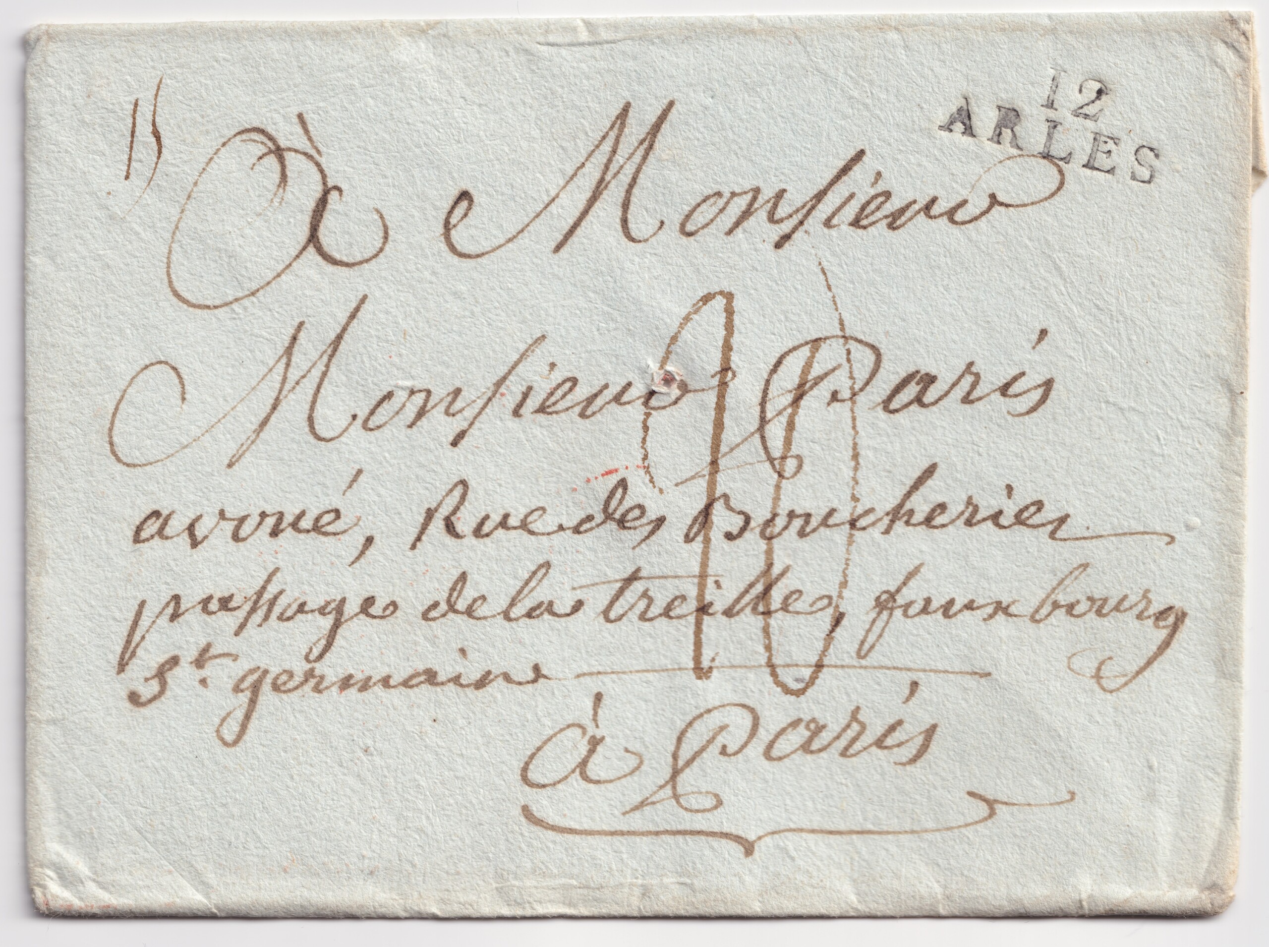 Enveloppe autographe orpheline du marquis de Sade (D. A. F. de Sade, Donatien Alphonse François de Sade. 1740-1814) à son avoué, Monsieur Paris (Jean Simon Paris de Lamaury 1759-1827).